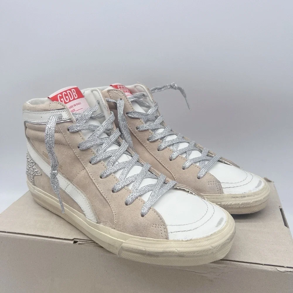 Golden Goose Slide High Top Glitter Distressed Sneakers Pink White Suede EU 39 - Picture 3 of 14